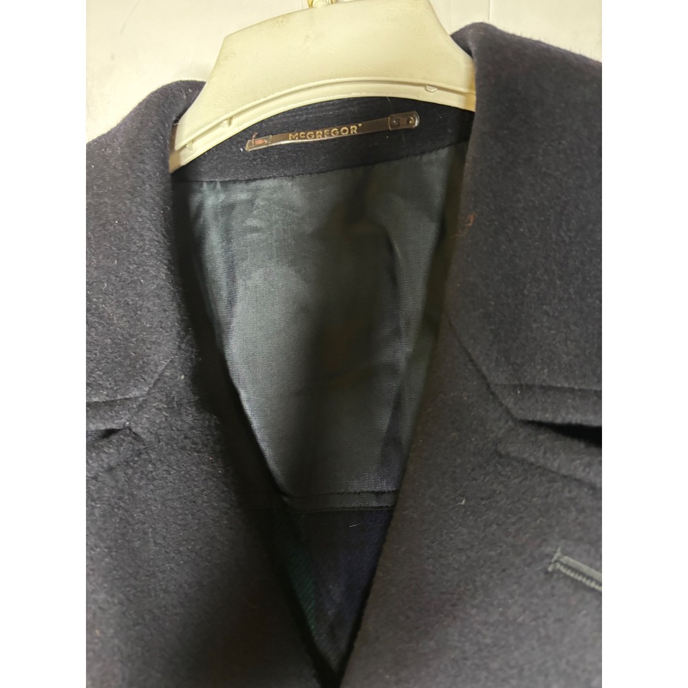 McGregor Mens Navy Blue Wool Blend Double Breasted Pea Coat Plaid Lining Size 52 - Picture 2 of 9